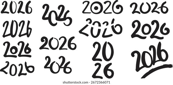 Letras de 2026 para un calendario. Vector hecho a mano conjunto de diseños de tipografía para tarjetas de felicitación, etc