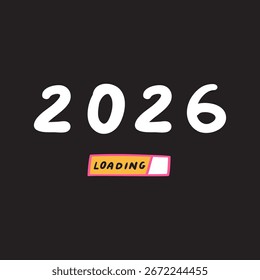 Carga de 2026. Anuncio sobre fondo negro. Ilustración vectorial dibujada a mano. Año Nuevo.