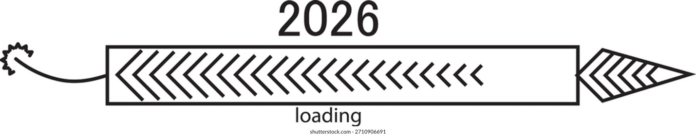 2026 cargando. barra con estrellas Ilustración vectorial. 2026 cohete cargando barra doodle icono con petardo y punta puntiaguda, año nuevo cuenta regresiva símbolo de Descarga,
