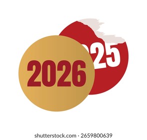 2026. Adesivo de papel redondo antigo com números 2025 tem novo adesivo dourado 2026 nele. Antecipação do ano novo. A mudança de ano. Vetor isolado EPS10 em fundo transparente.