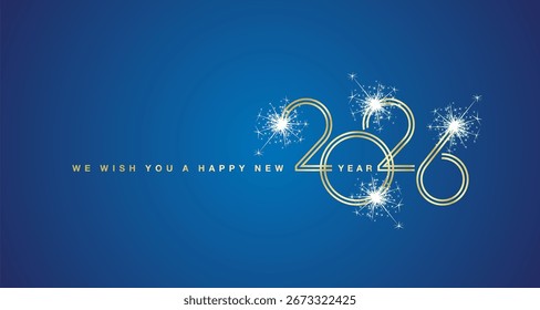 2026 diseño de logo. Le deseamos un feliz año Nuevo 2026 números de diseño de doble línea de oro con tarjeta de felicitación de fondo azul de fuegos artificiales de destello blanco