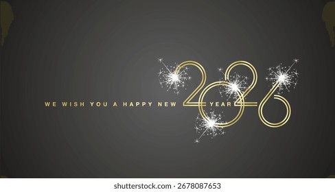 2026 diseño de logo. Le deseamos un feliz año Nuevo 2026 números de diseño de doble línea de oro con chispa blanca fuegos artificiales fondo negro tarjeta de felicitación