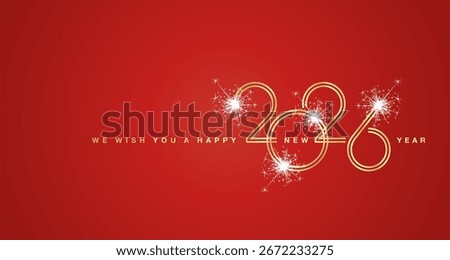2026 logo design. We wish You a Happy New Year 2026 gold double line design numbers with white sparkle firework red background greeting card