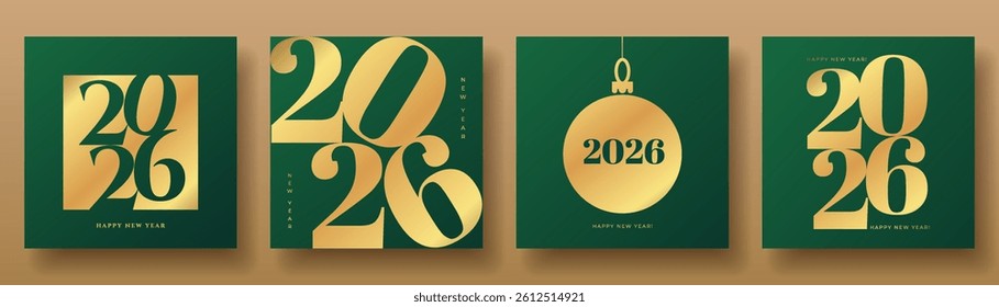 2026 logo typography creative concept. Happy New Year set with gold numbers on green background. Minimalistic design template for greeting, print, banner, poster, cover, card, calendar