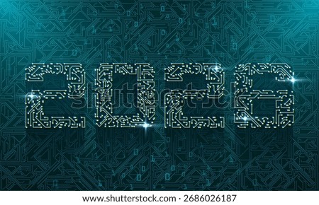 2026 logo vector 3d chipset on circuit board in futuristic concept suitable for future technology artwork, High tech technology geometric and connection system. 2026 digital typography concept