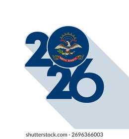 Anuncio de sombra larga 2026 con bandera de Dakota del Norte en el interior.