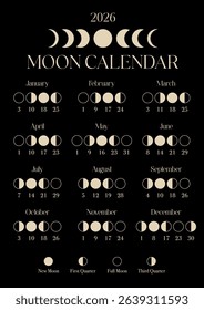 2026 Lunar Calendar, New York Time zone, EST EDT, Printable, Moon Phases, A4 Size, 2026 Lunar Calendar, Moon Cycle, Astrology Calendar, Black