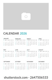 2026 Calendário Vertical A4 de Negócios Mínimo com Espaço para Logotipo ou Foto. A semana começa no domingo.