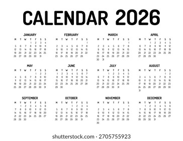 Plantilla mínima de la cuadrícula del calendario 2026 con inicio de semana el lunes