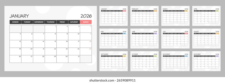 2026 monthly blank rainbow colored calendar planner with week starts on monday