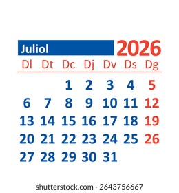 2026 Monthly Calendar in Catalan, July, Color.