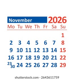 
2026 Monthly Calendar in English, November, Color