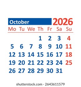 2026 Monthly Calendar in English, October, Color