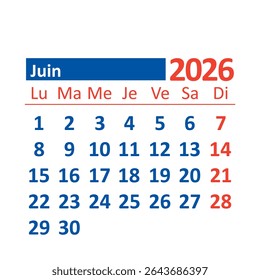 2026 Monthly Calendar in French, June, Color