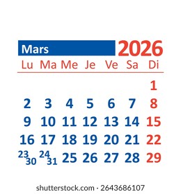 2026 Monthly Calendar in French, March, Color