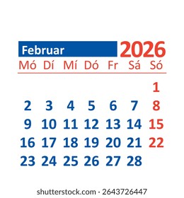 2026 Monthly Calendar in German, February, Color