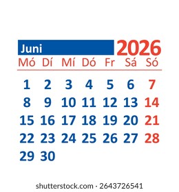 2026 Monthly Calendar in German, June, Color