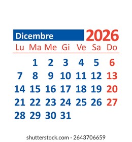 2026 Monthly Calendar in Italian, December, Color