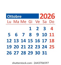 
2026 Monthly Calendar in Italian, October, Color