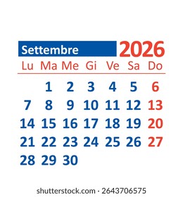 2026 Monthly Calendar in Italian, September, Color