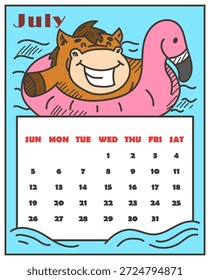 Calendario mensual 2026 para el Vector de julio aislado. Ilustración de un caballo lindo divertido en la piscina. Temporada de verano, vacaciones en el mar. Doodle animal en anillo de natación rosa en forma de flamenco. Diseño de planificador personal.