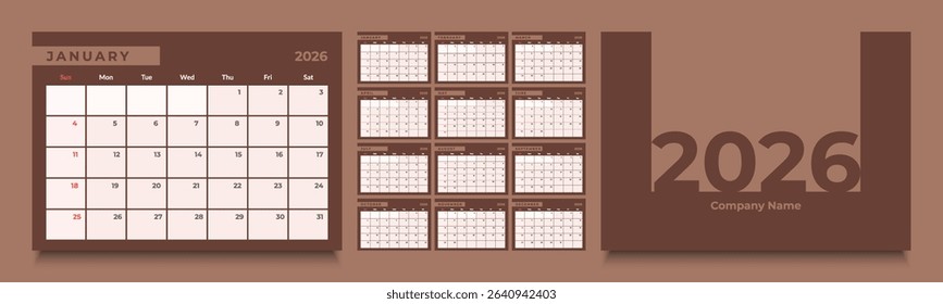 2026 monthly calendar layout with a clean diary planner format. Each month starts on Sunday, ideal for organizing schedules, events, and appointments throughout the year.