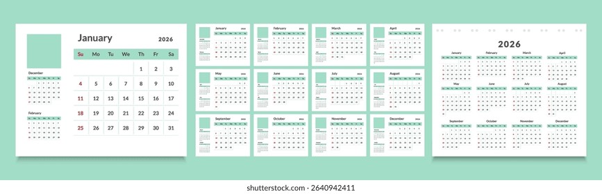 2026 monthly calendar layout with a clean diary planner format. Each month starts on Sunday, ideal for organizing schedules, events, and appointments throughout the year.