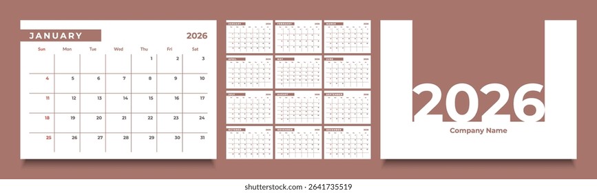 2026 monthly calendar layout with a clean diary planner format. Each month starts on Sunday, ideal for organizing schedules, events, and appointments throughout the year.