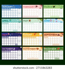 2026 Monthly Calendar Planner Vector Template. Colorful seasonal design layout with cute illustrations. 12 months organizer for business, school, family and office.