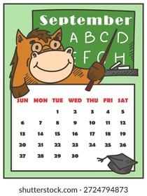Calendário mensal de 2026 para o vetor de setembro isolado. Desenho ilustrativo de um cavalo bonito engraçado que está no conselho da escola como professor. Projeto de planejador pessoal. Na temporada de outono, de volta à escola.