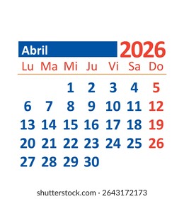 2026 Monthly Calendar in Spanish, April, Color