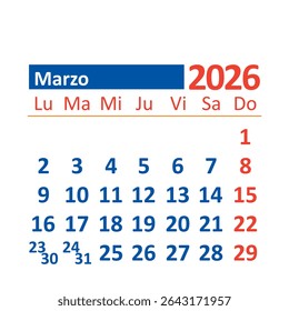 2026 Monthly Calendar in Spanish, March, Color