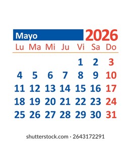 2026 Monthly Calendar in Spanish, May, Color