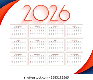 Vector de diseño de Plantilla de calendario mensual 2026