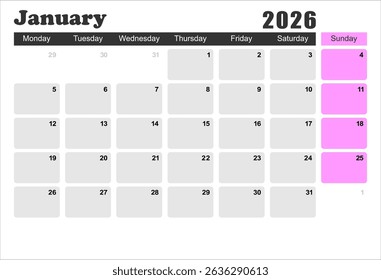 2026 monthly desk calendar template, The week start on monday, EPS file vector