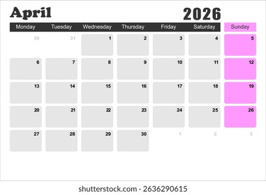 2026 monthly desk calendar template, The week start on monday, EPS file vector