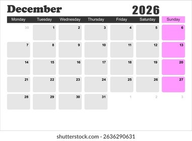 2026 monthly desk calendar template, The week start on monday, EPS file vector