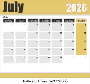 2026 monthly desk calendar template, The week start on monday, EPS file vector
