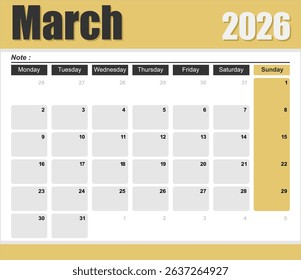 2026 monthly desk calendar template, The week start on monday, EPS file vector