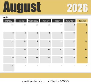 2026 monthly desk calendar template, The week start on monday, EPS file vector