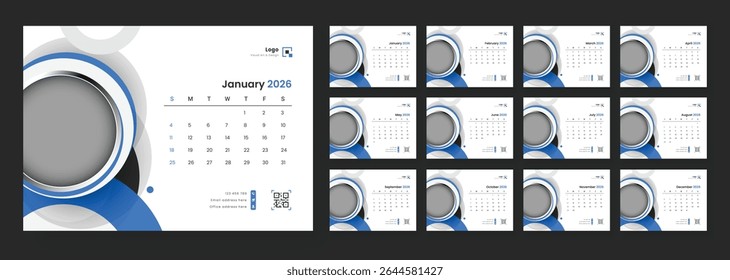 2026 monthly desk calendar template with week start on Sunday.