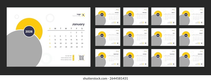 2026 monthly desk calendar template with week start on Sunday. 2026 Calendar Planner Set of new templates 12 Monthly Page for Corporate or Personal use.