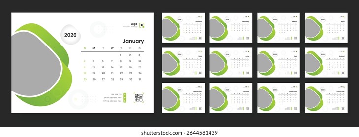 Modelo de calendário de 2026. 2026 Calendário Planejador Conjunto de novos modelos 12 Página Mensal para uso Corporativo ou Pessoal. A semana começa no domingo.