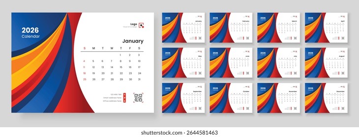2026 monthly desk calendar template. Modern new year 2026 desk calendar template. Calendar template for 2026 with week start on Sunday.