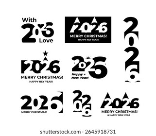 2026 negative space design. Numbers. New Year logotype, set of designs for calendars, posters, etc. Black and white vector illustration on white