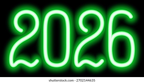 2026. Neon. Grüne leuchtende Zahl. Neujahr. Farbvektorgrafik. Einzeln auf schwarzem Hintergrund. Idee für Web-Design, Banner.