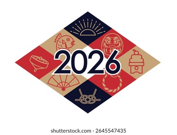 Ilustração de Símbolo Vetorial de Ano Novo de 2026 com encantos antigos japoneses isolados em um fundo branco. 