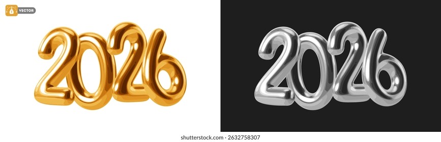 2026 New Year 3d realistic glossy plastic numbers 2026 golden and silver or chrome in the set, isolated on white background. Vector illustration, easy to edit and customize