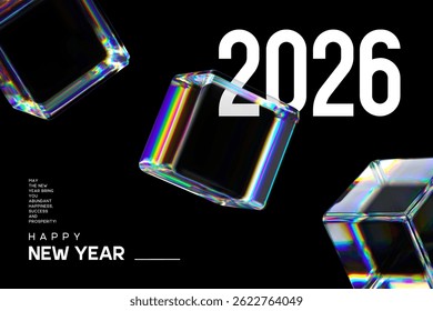 2026 New Year abstract black concept with 3d transparent multicolor cubes. Vector illustration.