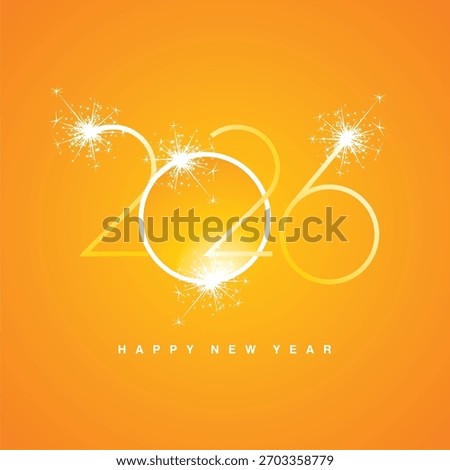 2026 New Year abstract shining light sphere planet with cyberspace numbers typography logo and white sparkle firework on orange yellow background